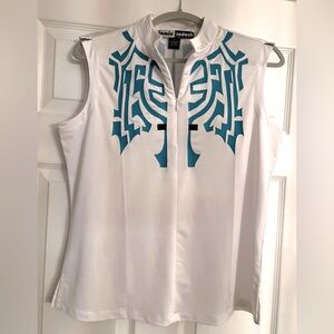 Jamie Sadock Performance 1/4 zip Shirt. Women's Size Large White w/ Blue Aztec.